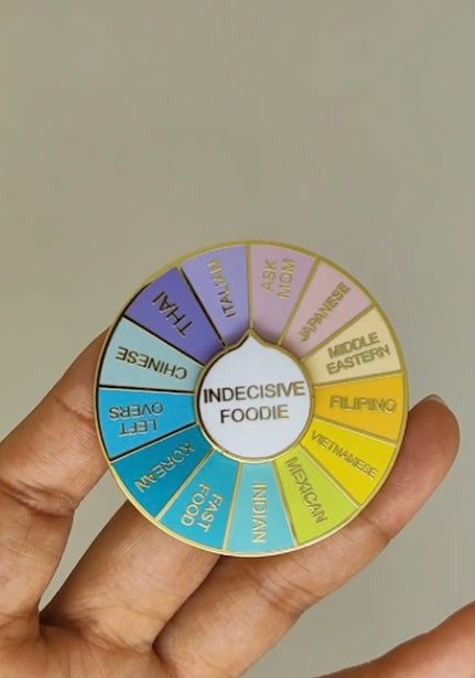 Indecisive foodie pin. What to eat enamel pin. Interactive pin